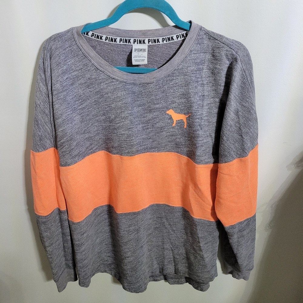 Pink Grey & Coral Striped Long Sleeve Pullover, Size Sp